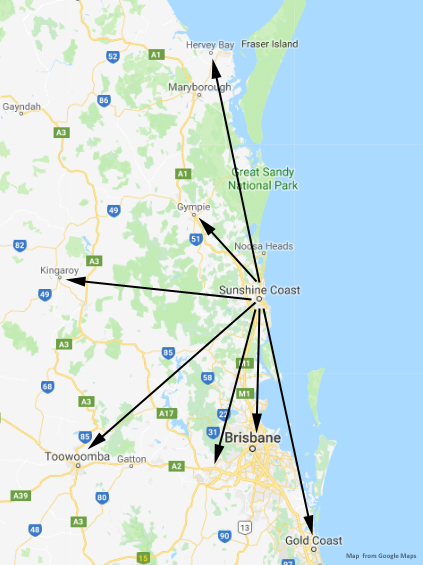 Map with Arrows on Different Locations from Sunshine Coast